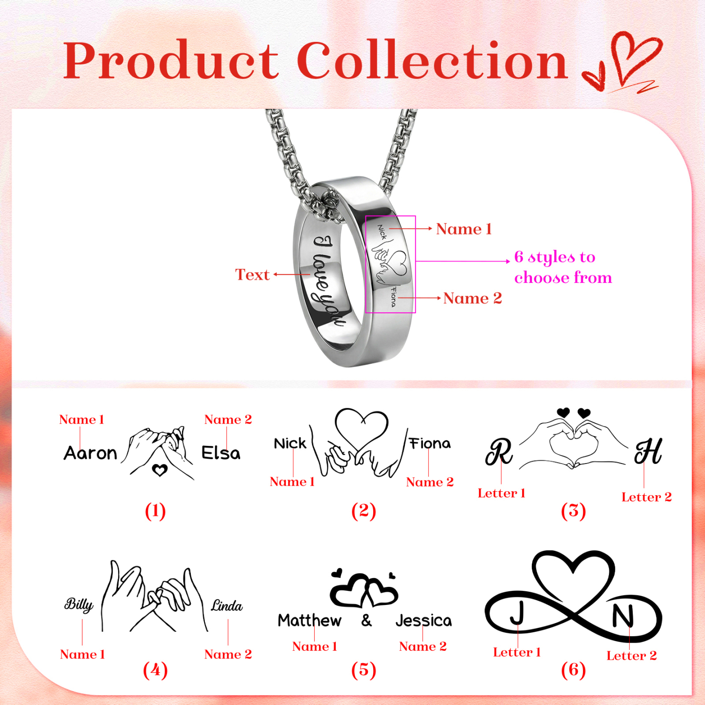 Collier Couple Personnalisé en Acier Inoxydable – Anneaux Gravés avec Prénoms & Texte