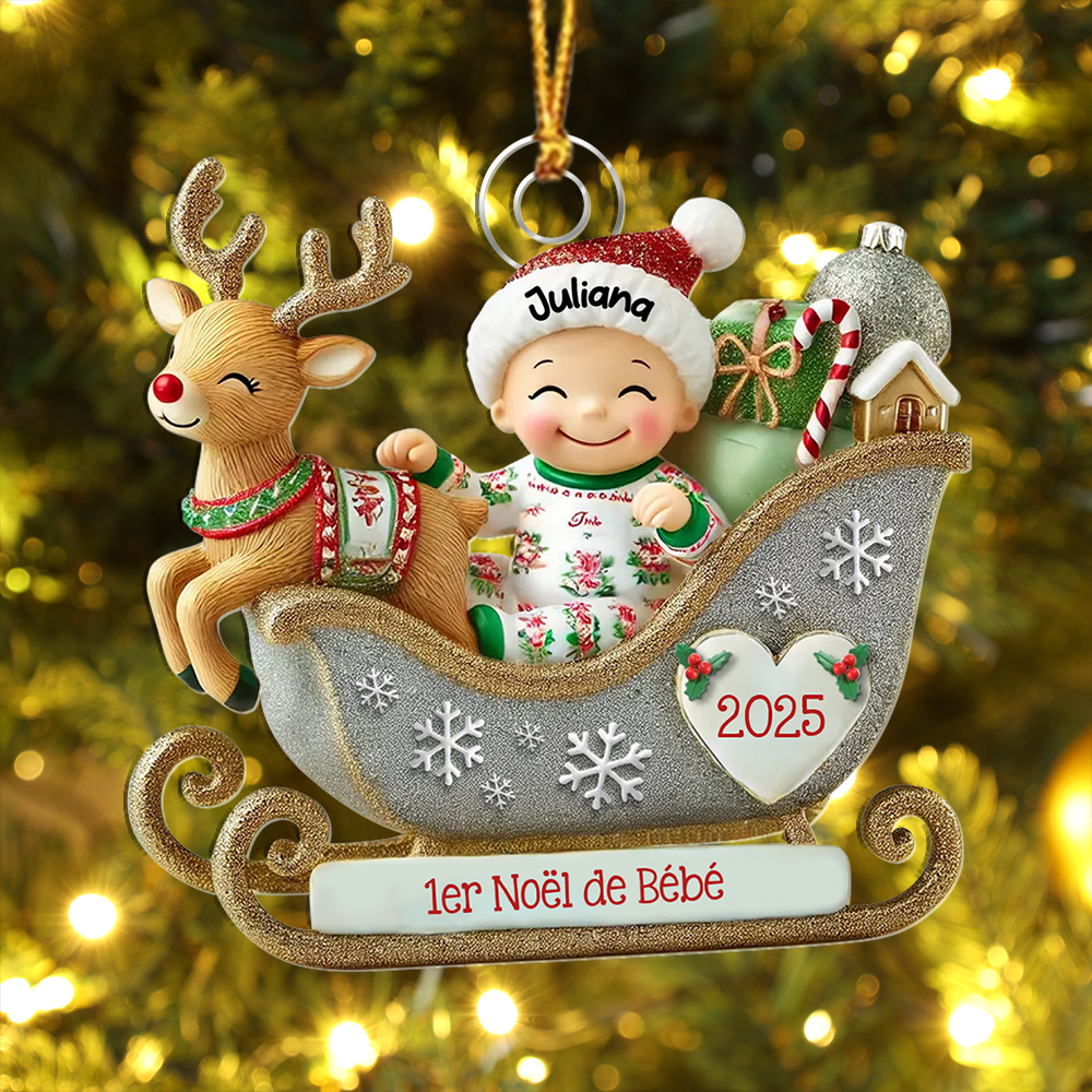 Décoration Sapin Noël Personnalisée en forme de traîneau - 1er Noël de bébé