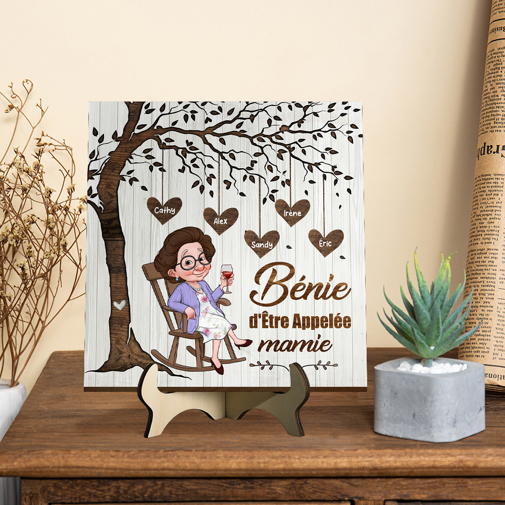 Plaque en Bois Arbre de Vie Personnalisée avec Prénoms et Coeurs, « Bénie d’être appelée mamie »