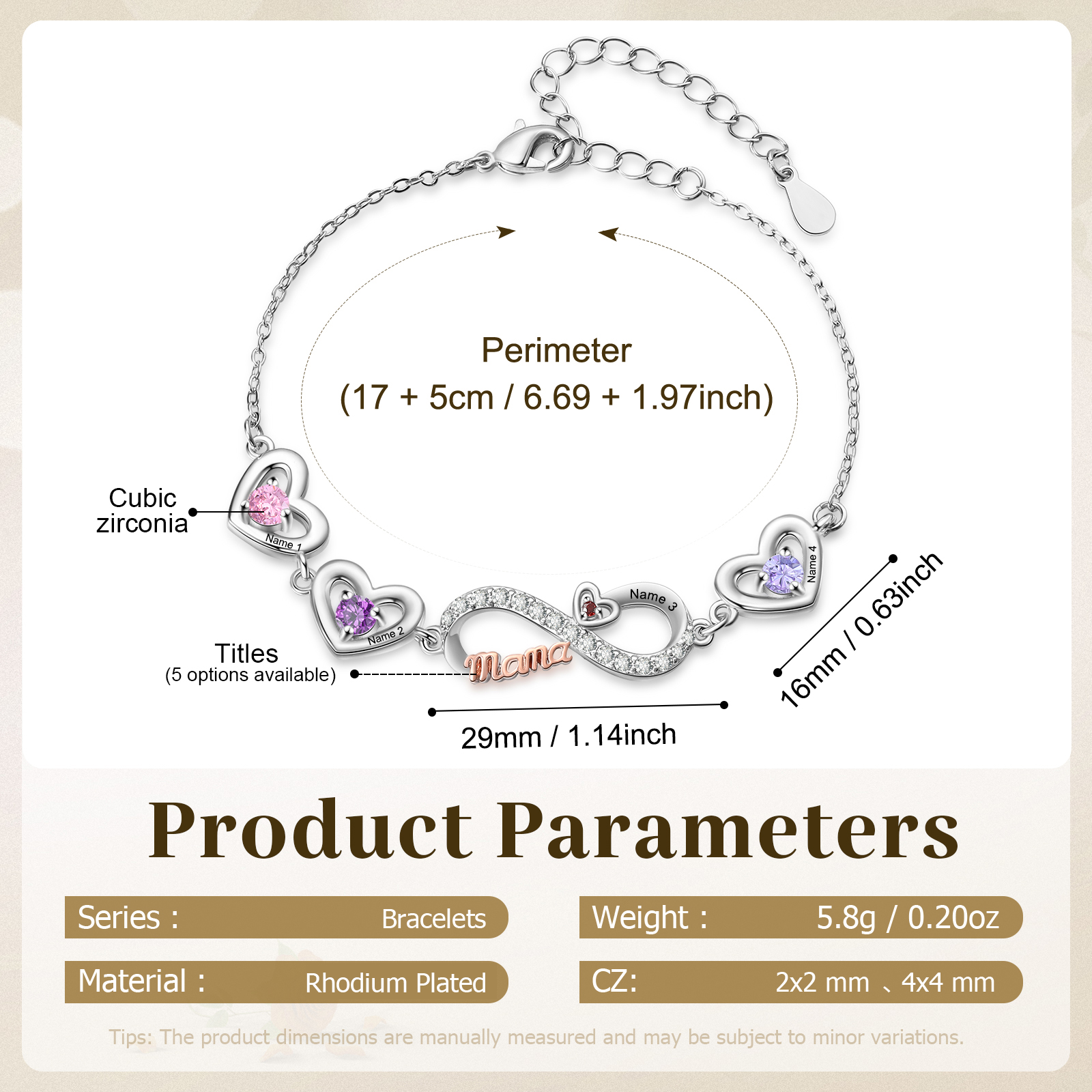 Bracelet Cœur Infini Personnalisé avec Pierres de naissance pour Maman, personnalisable avec 2 à 6 Prénoms