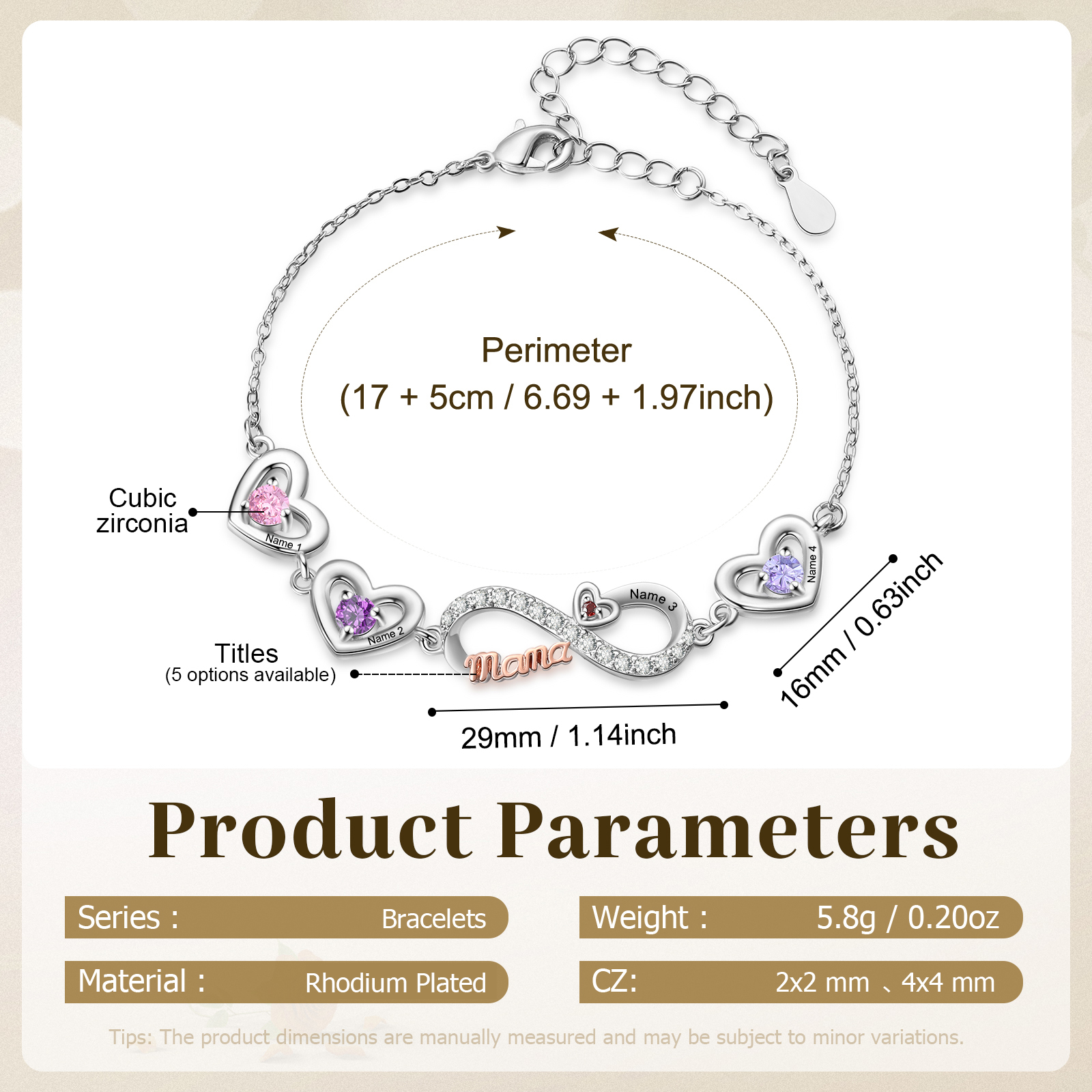 Bracelet Cœur Infini Personnalisé avec Pierres de naissance pour Maman, personnalisable avec 2 à 6 Prénoms
