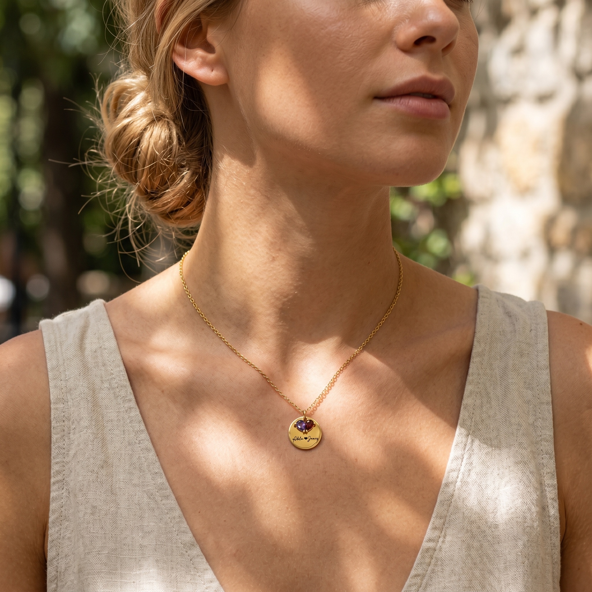 Collier Pendentif Personnalisé avec 2 Prénoms et Pierres de Naissance pour Elle