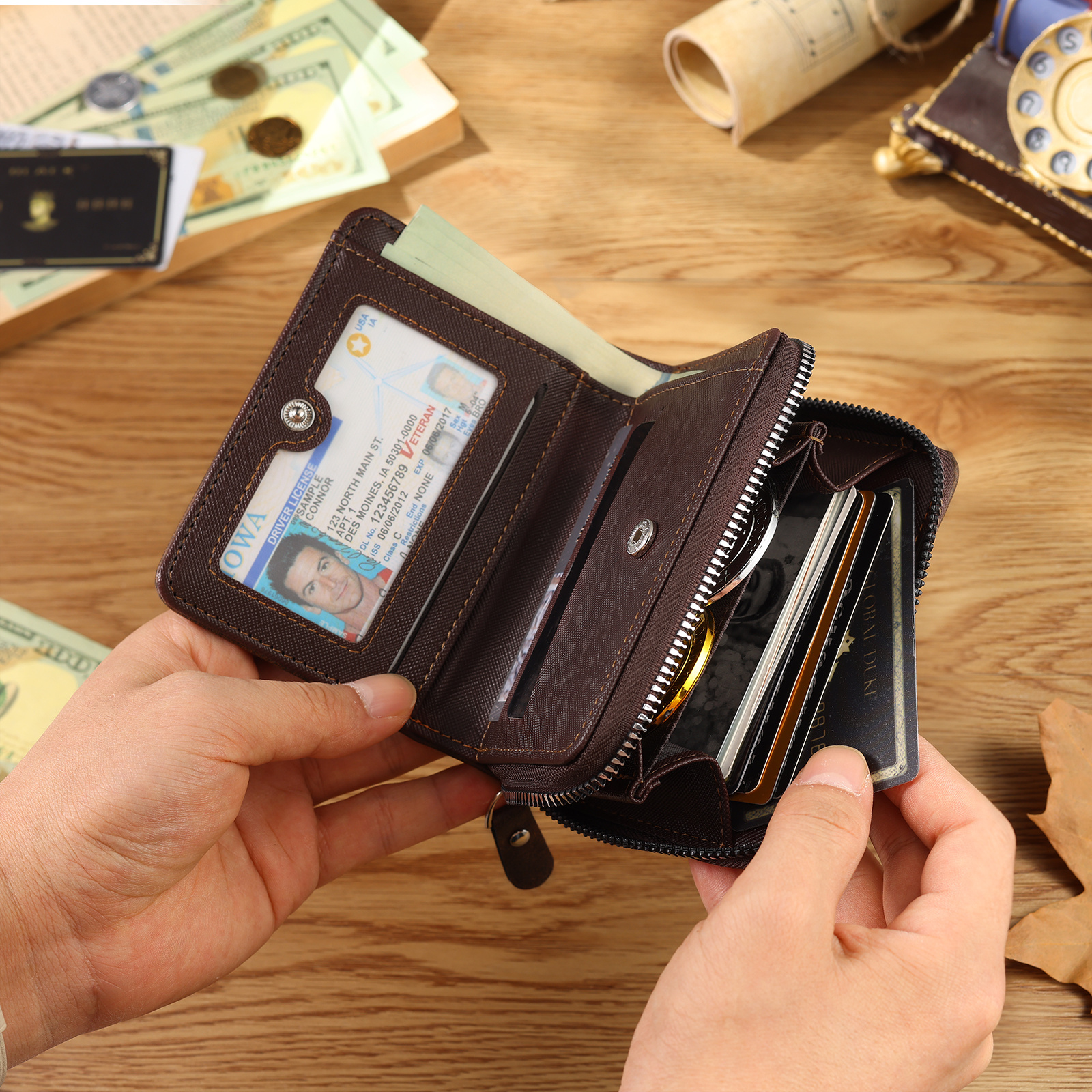 Portefeuille personnalisé vintage pour homme, zippé – photo gravée et nom ou initiales