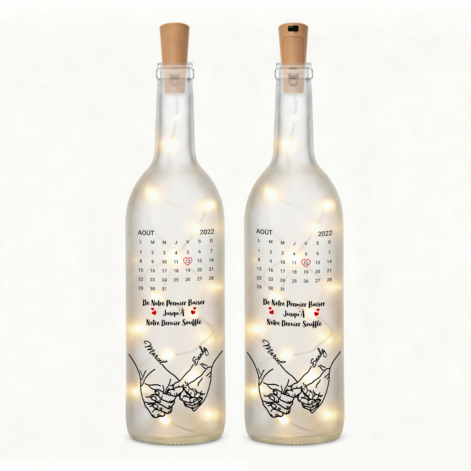 Bouteille Lumineuse Personnalisée Couple avec 2 Prénoms et Date – Cadeau Souvenir Romantique