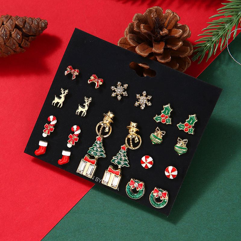Set de Boucles d'Oreilles de Noël 12 Paires Motifs Festifs en Alliage Doré Cadeau pour femme | Jessemade