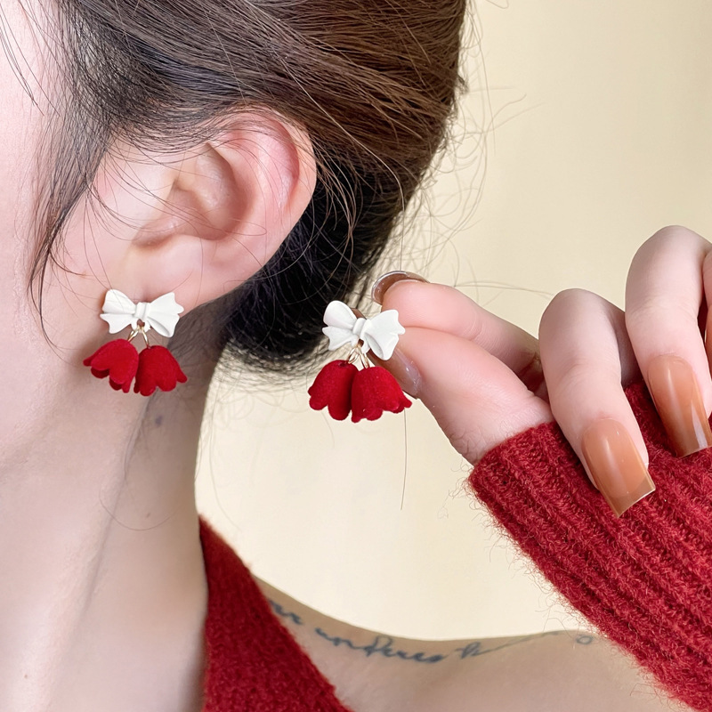 Boucles d'Oreilles de Noël Fleur et Nœud Rouge et Blanc Cadeau pour femme | Jessemade