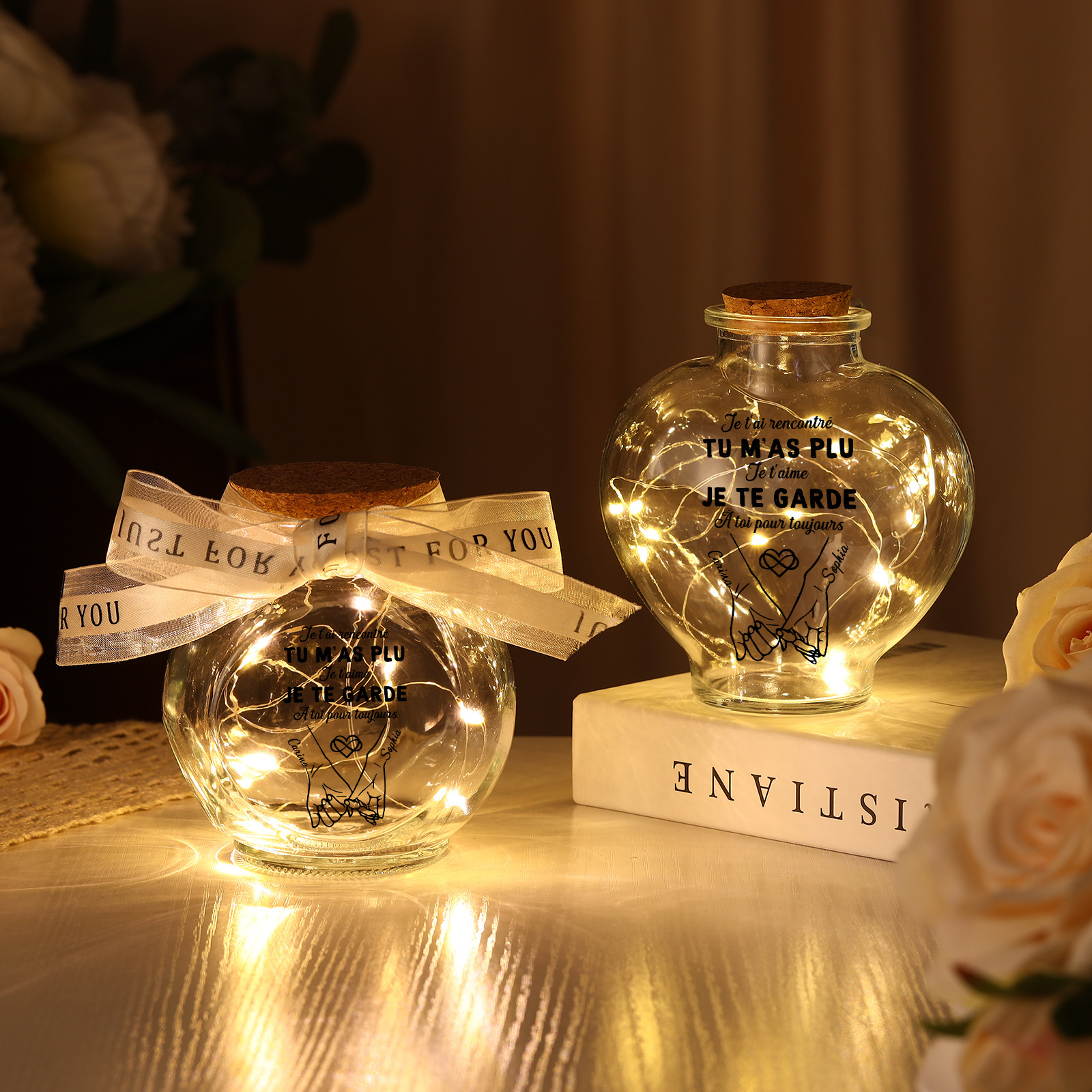 Bouteille Lumineuse Personnalisée en Verre, Bocal Lumineux LED avec Nœud en Ruban