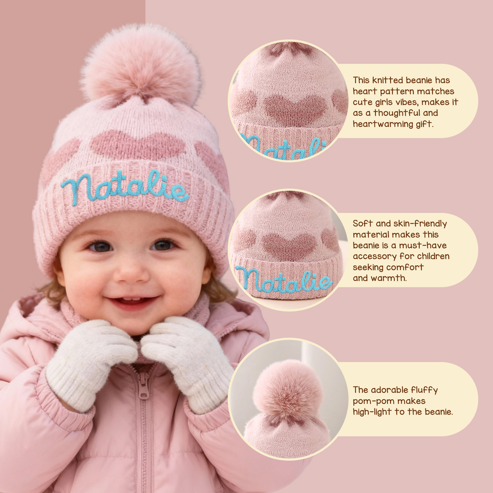 Bonnet Bébé Personnalisé avec Pompon – Tricot Doux, Nom Brodé, Anti-Froid