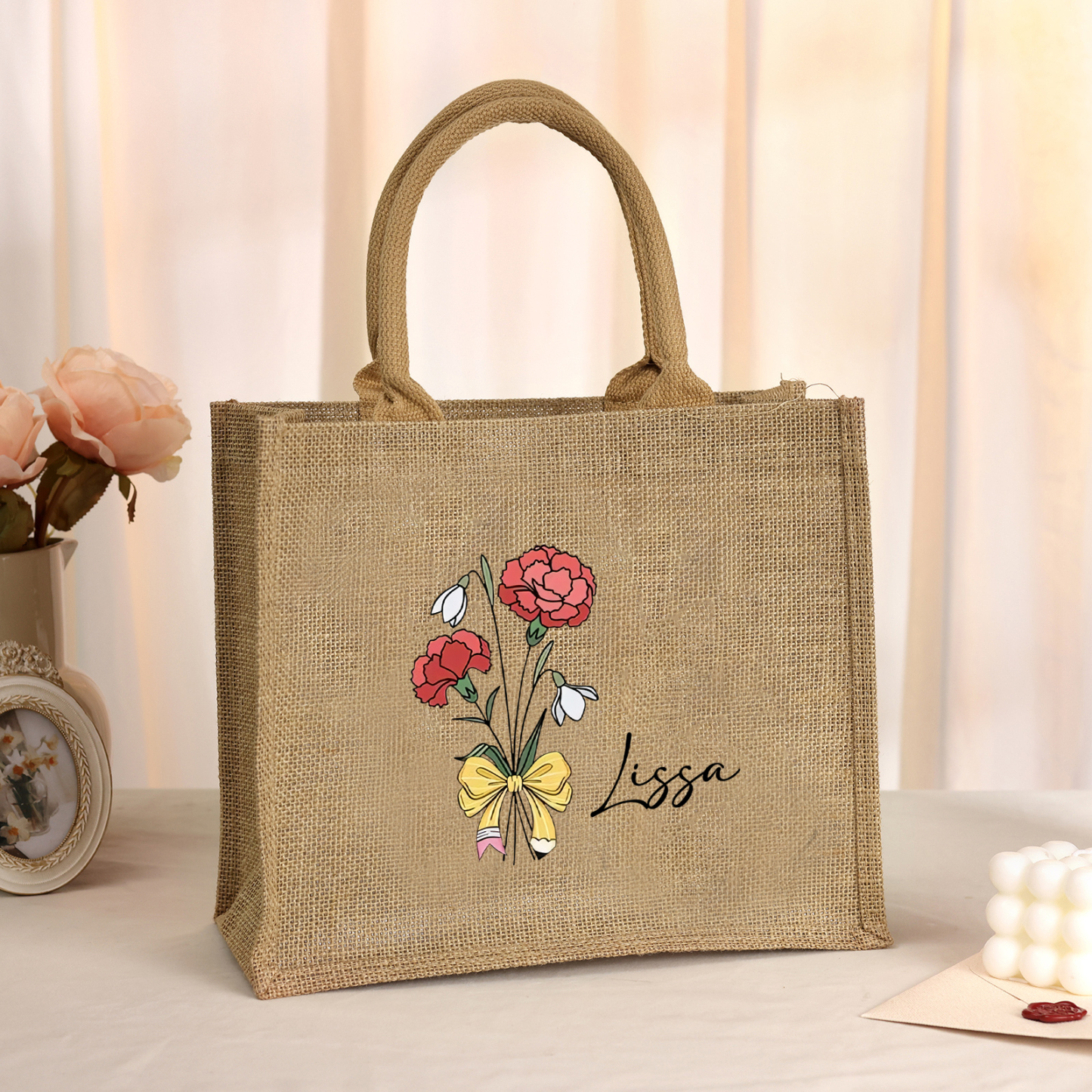 Sac Fourre-Tout en Jute 1 Prénom Personnalisé avec Lettre Cadeau pour