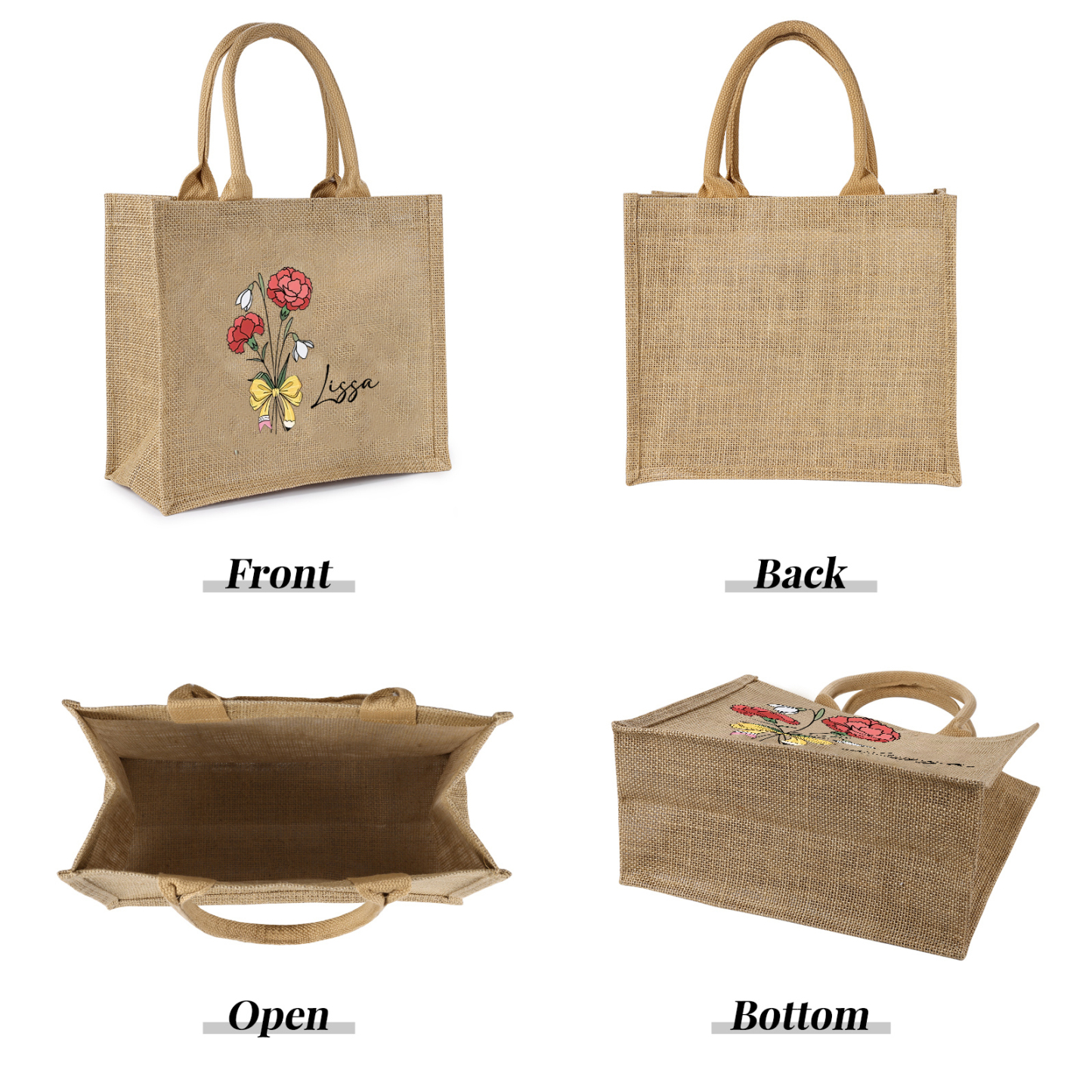 Sac Fourre-Tout en Jute 1 Prénom Personnalisé avec Fleur de naissance Cadeau pour femme | Jessemade