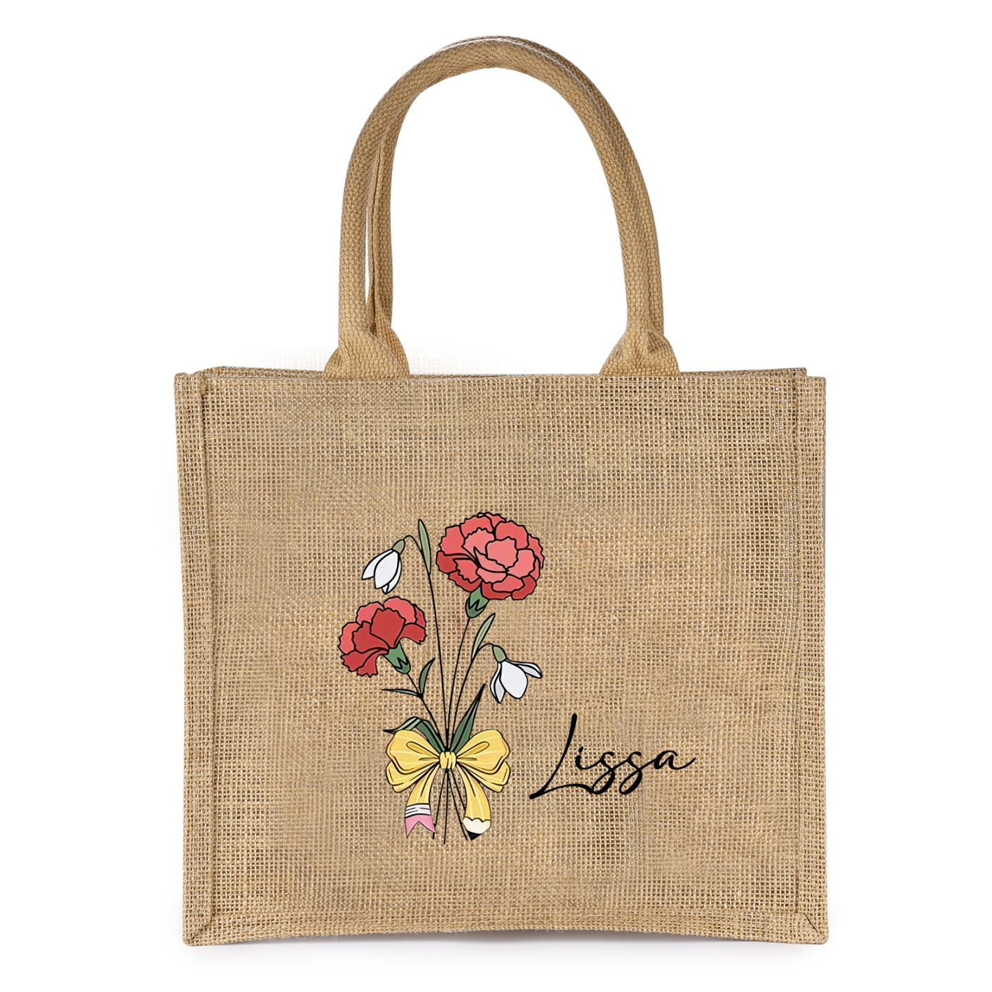 Sac Fourre-Tout en Jute 1 Prénom Personnalisé avec Fleur de naissance Cadeau pour femme | Jessemade