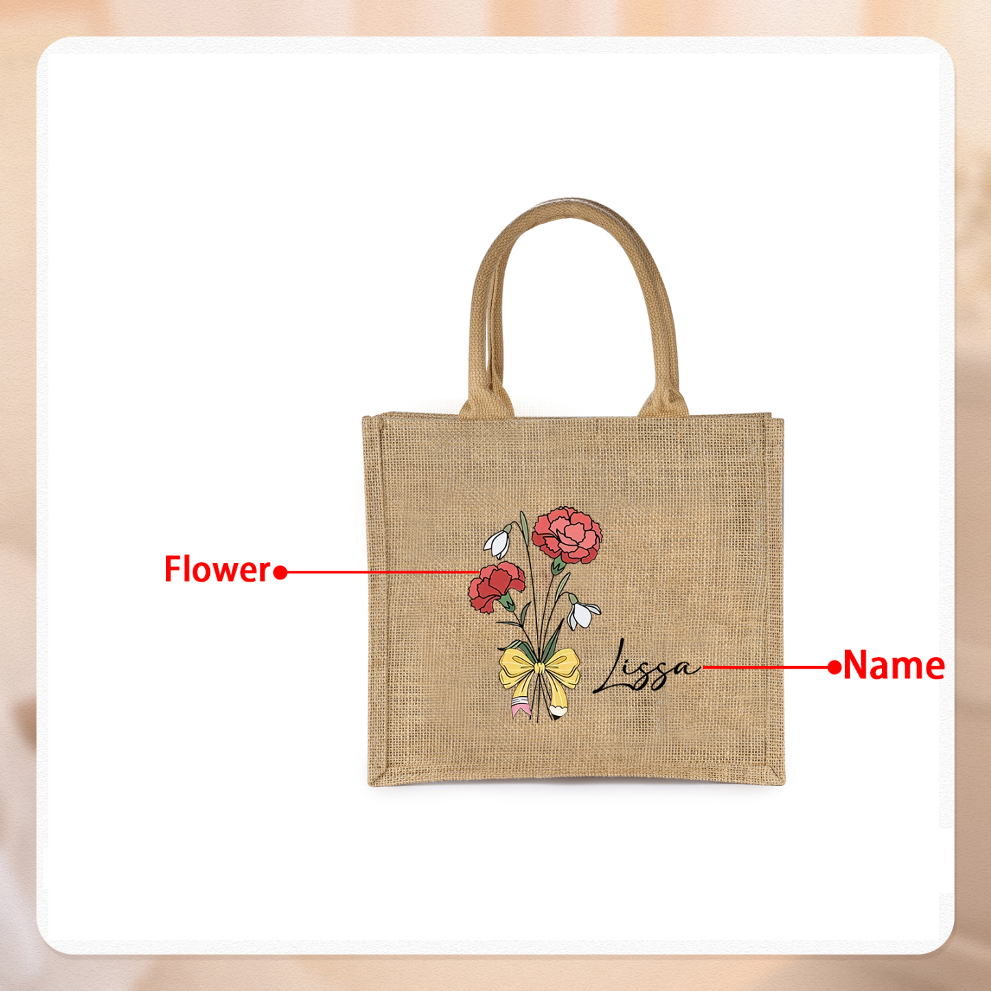 Sac Fourre-Tout en Jute 1 Prénom Personnalisé avec Fleur de naissance Cadeau pour femme | Jessemade