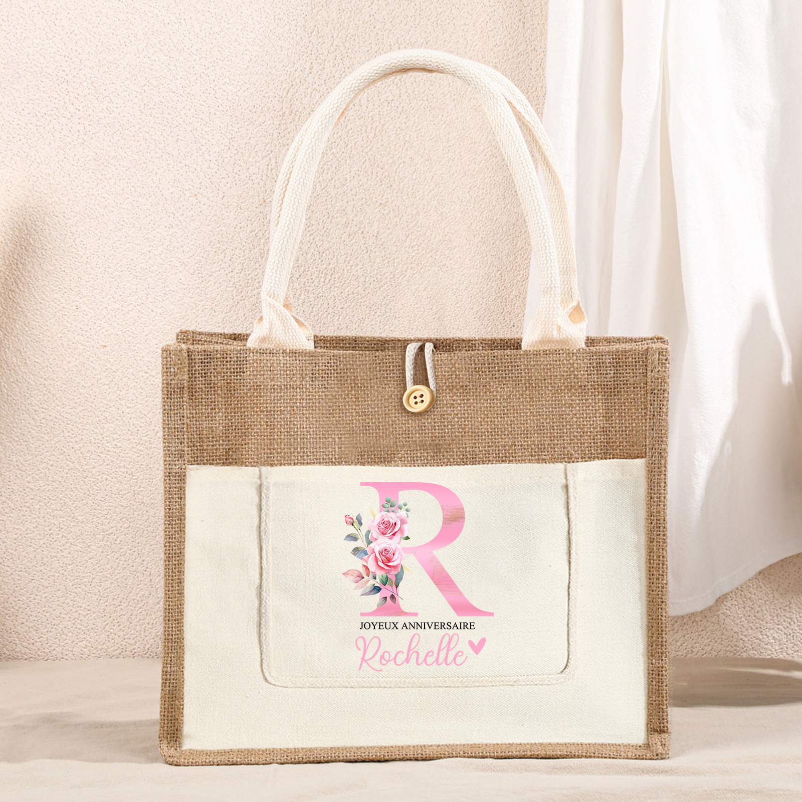 Sac Fourre-Tout en Jute 1 Prénom Personnalisé avec Lettre et Texte Ros