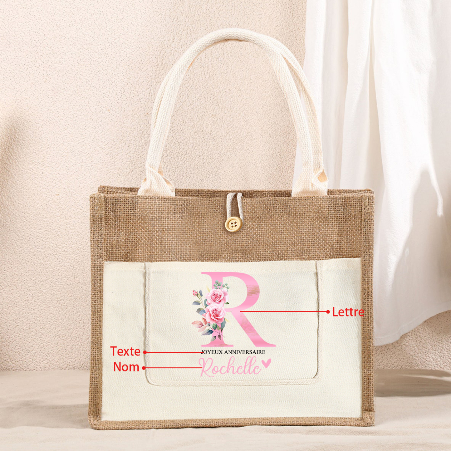 Sac Fourre-Tout en Jute 1 Prénom Personnalisé avec Lettre et Texte Rose Cadeau pour femme | Jessemade