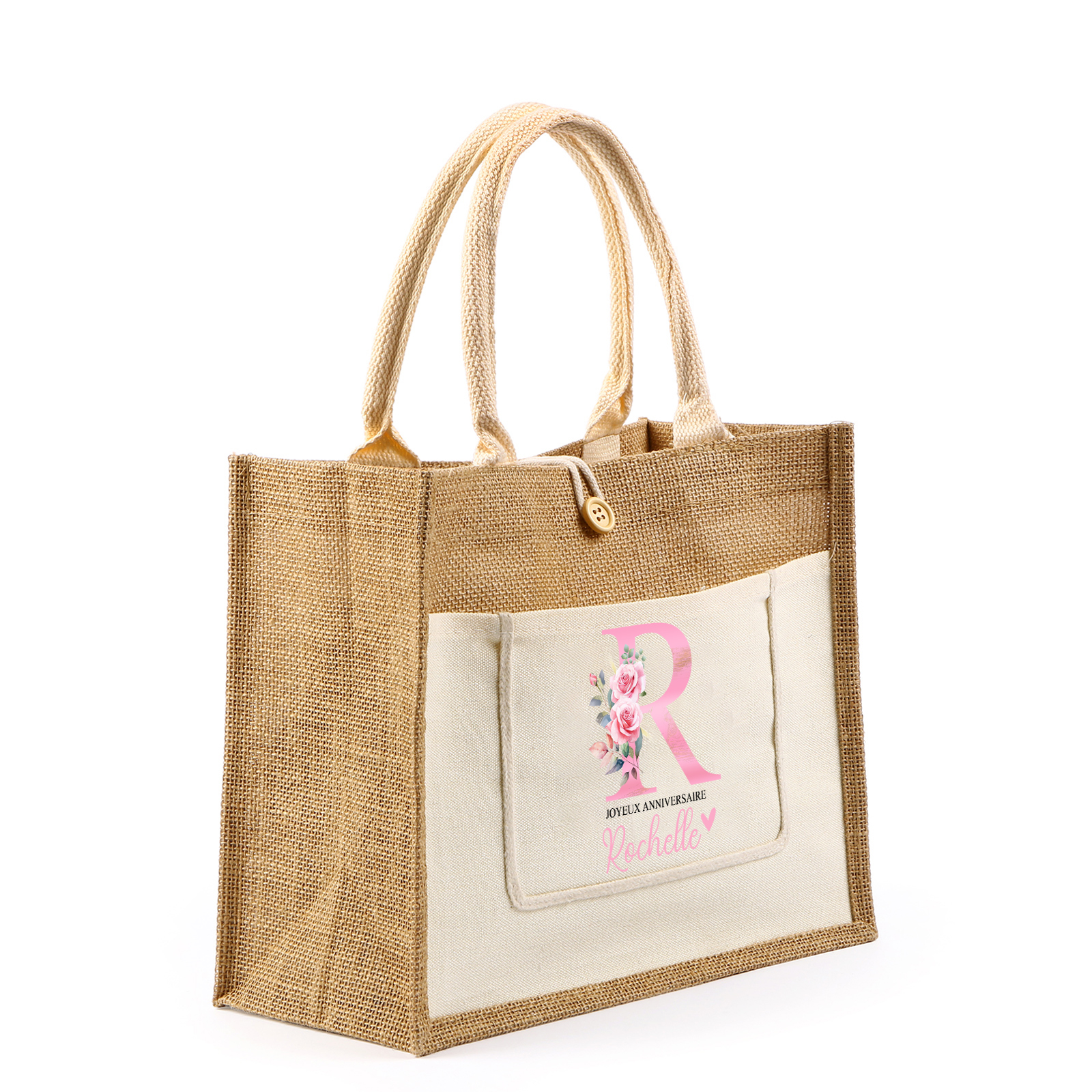 Sac Fourre-Tout en Jute 1 Prénom Personnalisé avec Lettre et Texte Rose Cadeau pour femme | Jessemade