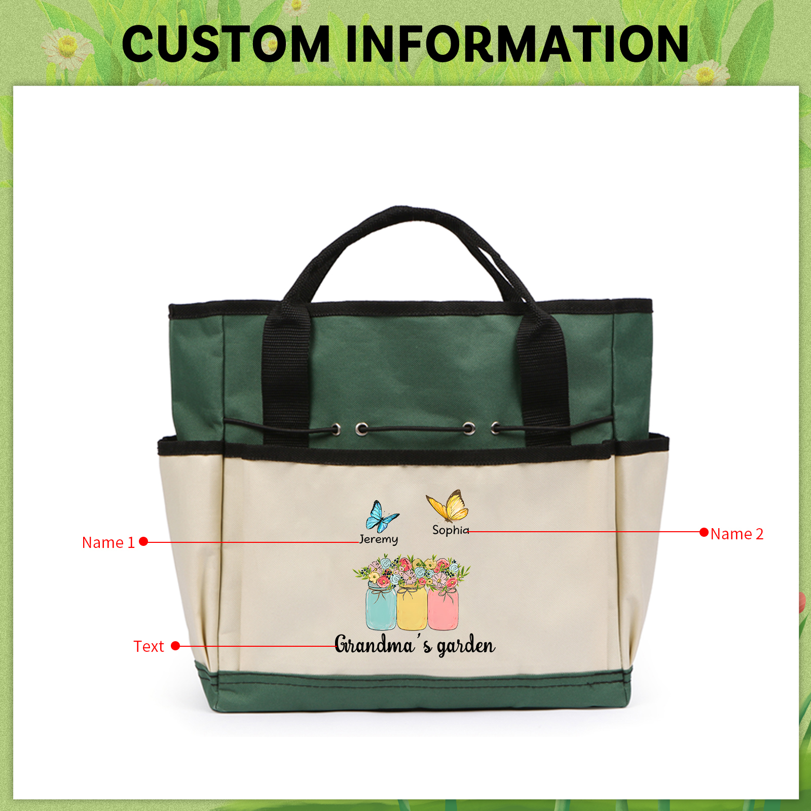 Sac Jardinage Personnalisé avec 2 Prénoms et Texte Sac pour Outils de Jardinage | Jessemade