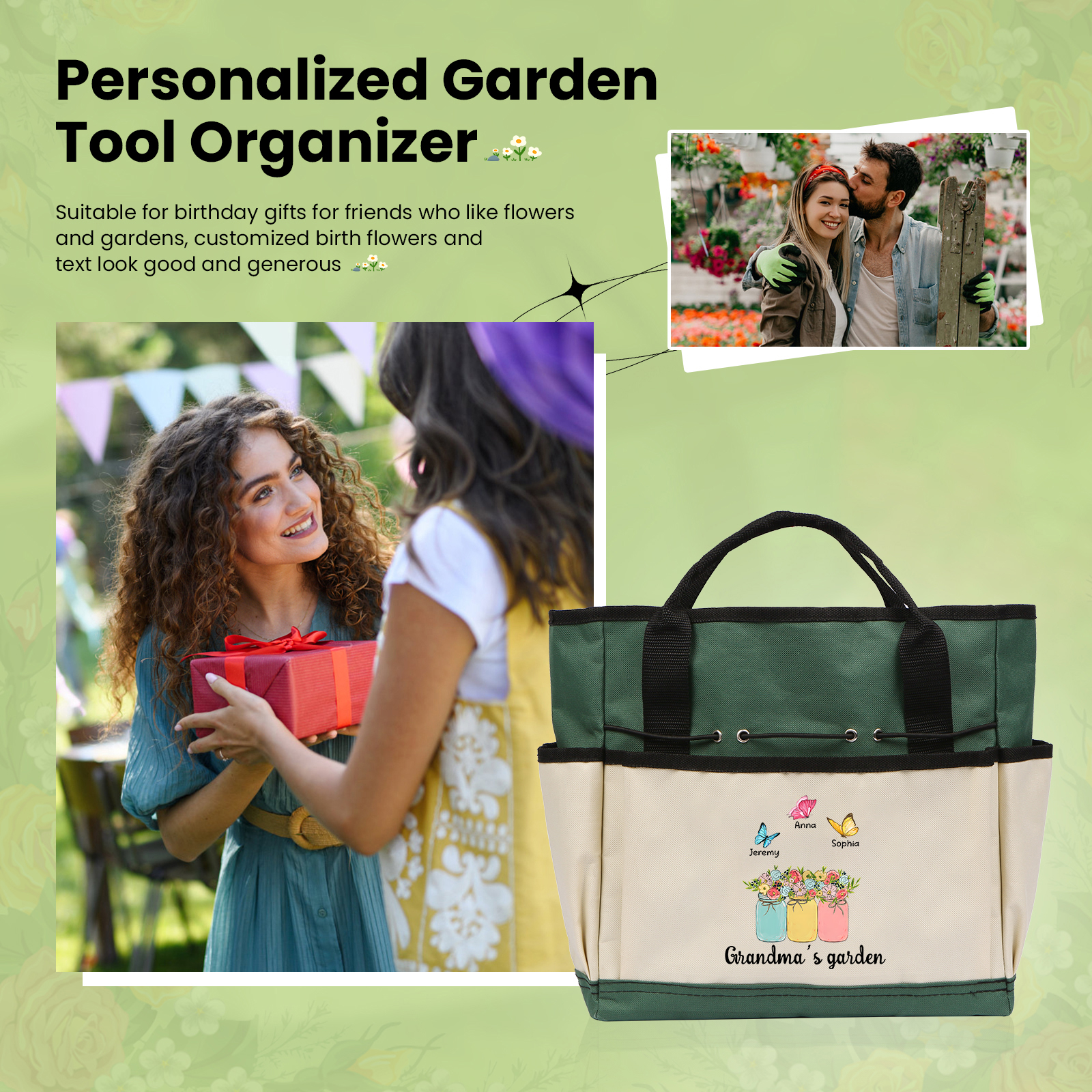 Sac Jardinage Personnalisé avec 3 Prénoms et Texte Sac pour Outils de Jardinage | Jessemade