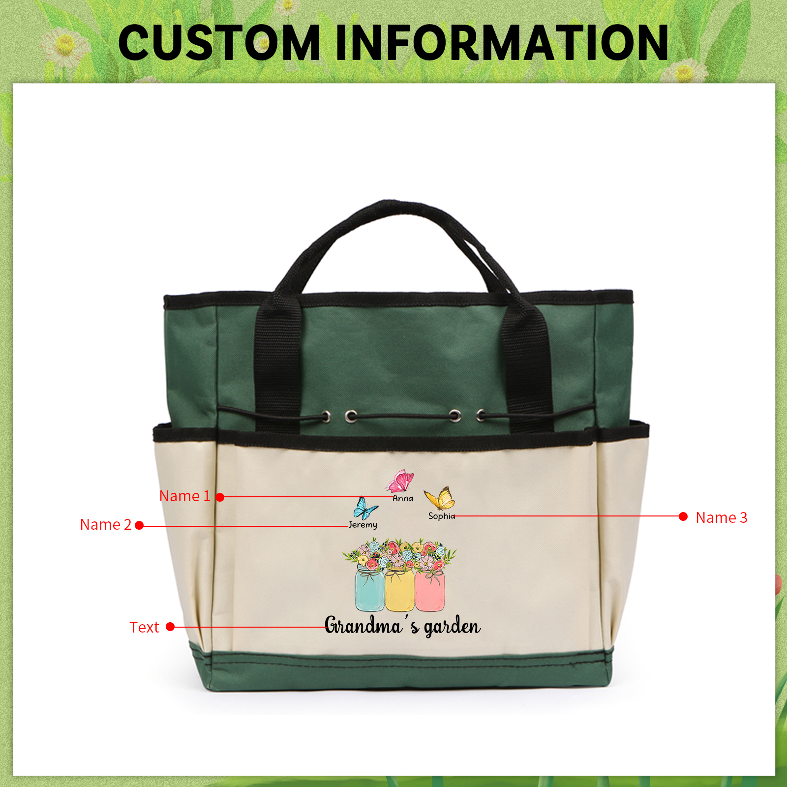 Sac Jardinage Personnalisé avec 3 Prénoms et Texte Sac pour Outils de Jardinage | Jessemade