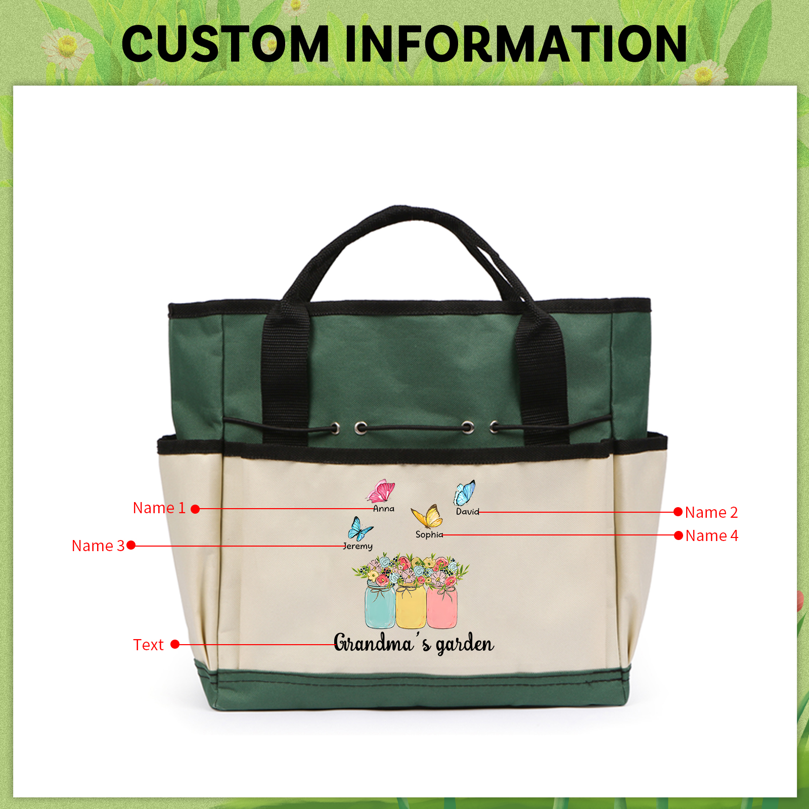 Sac de Jardinage Personnalisé avec 4 Prénoms et Texte Sac pour Outils de Jardinage | Jessemade