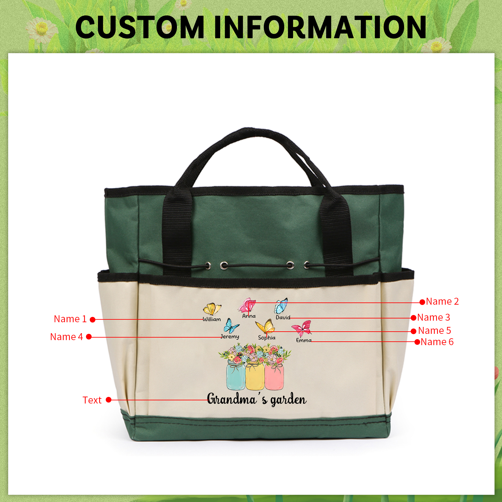 Sac de Jardinage Personnalisé avec 6 Prénoms et Texte Sac pour Outils de Jardinage | Jessemade