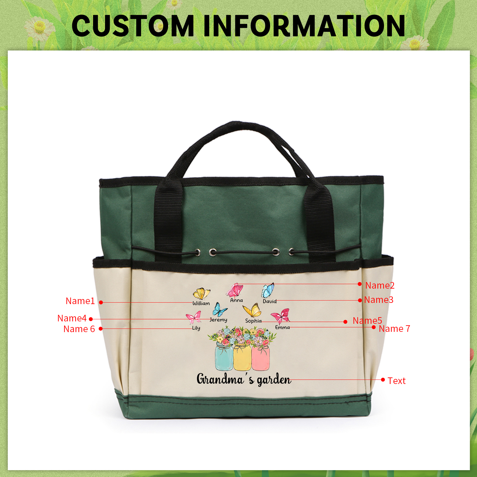 Sac de Jardinage Personnalisé avec 7 Prénoms et Texte Sac pour Outils de Jardinage | Jessemade