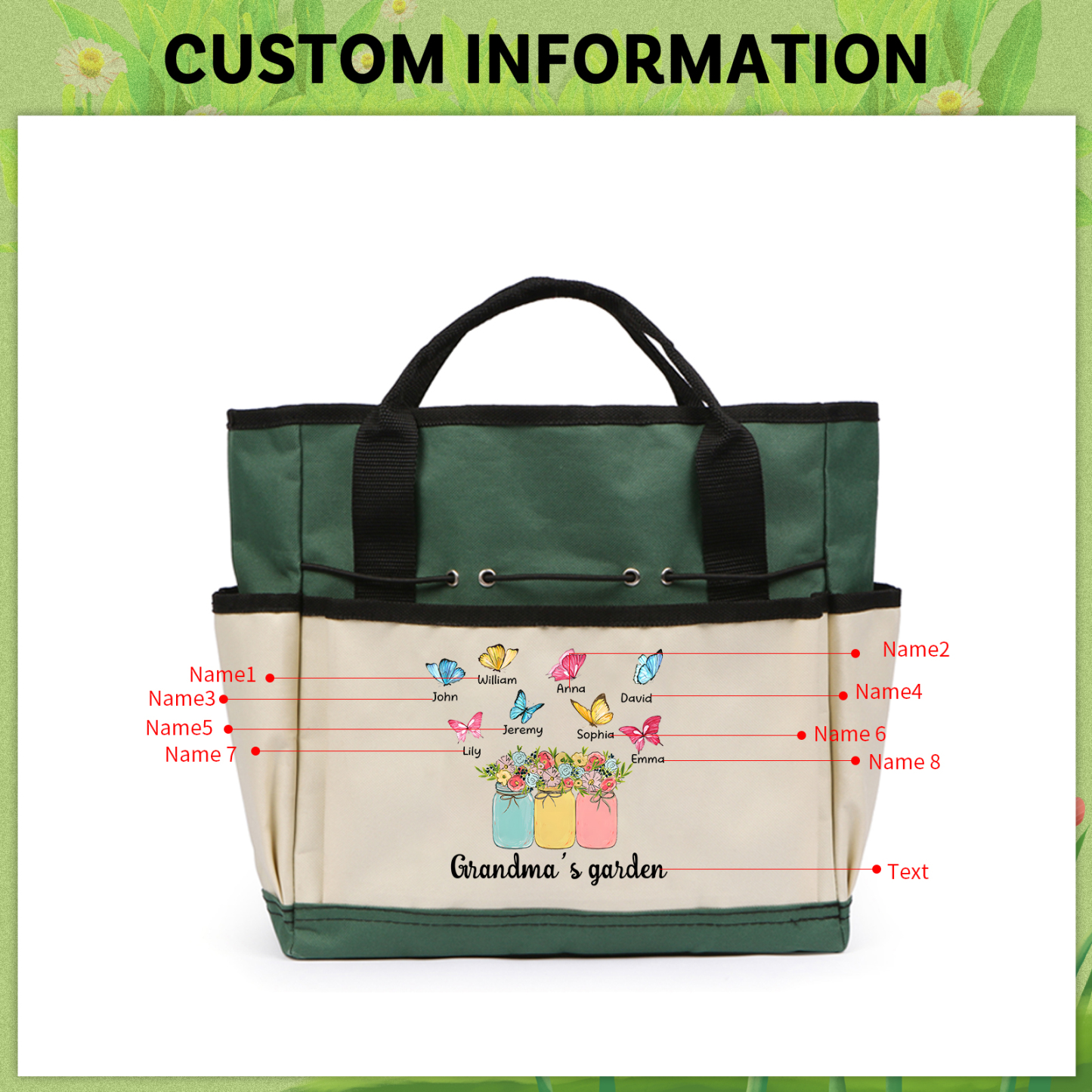Sac de Jardinage Personnalisé avec 8 Prénoms et Texte Sac pour Outils de Jardinage | Jessemade