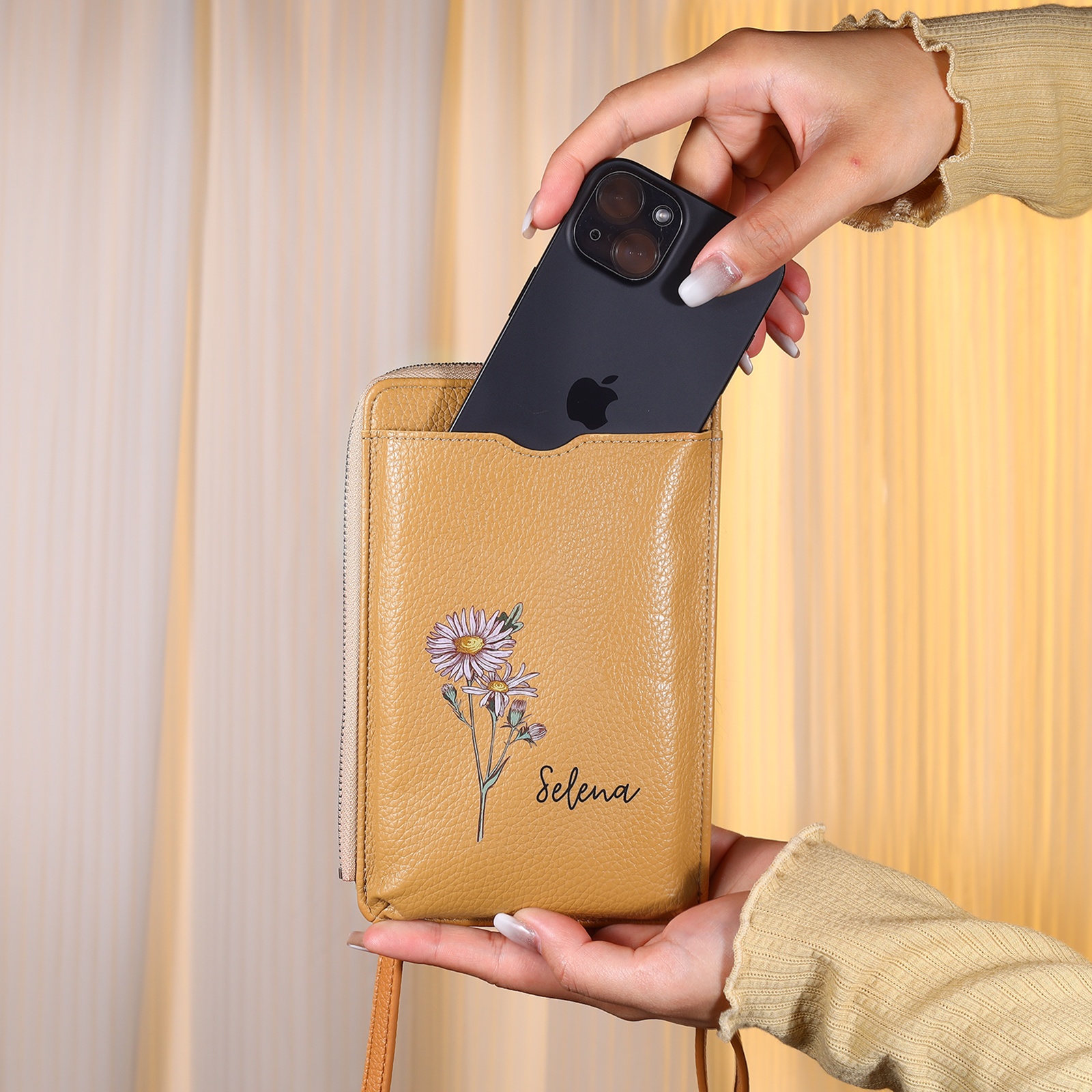 Portefeuille pour Femme Prénom Personnalisé avec Fleur de Naissance Sac Bandoulière en Cuir PU | Jessemade