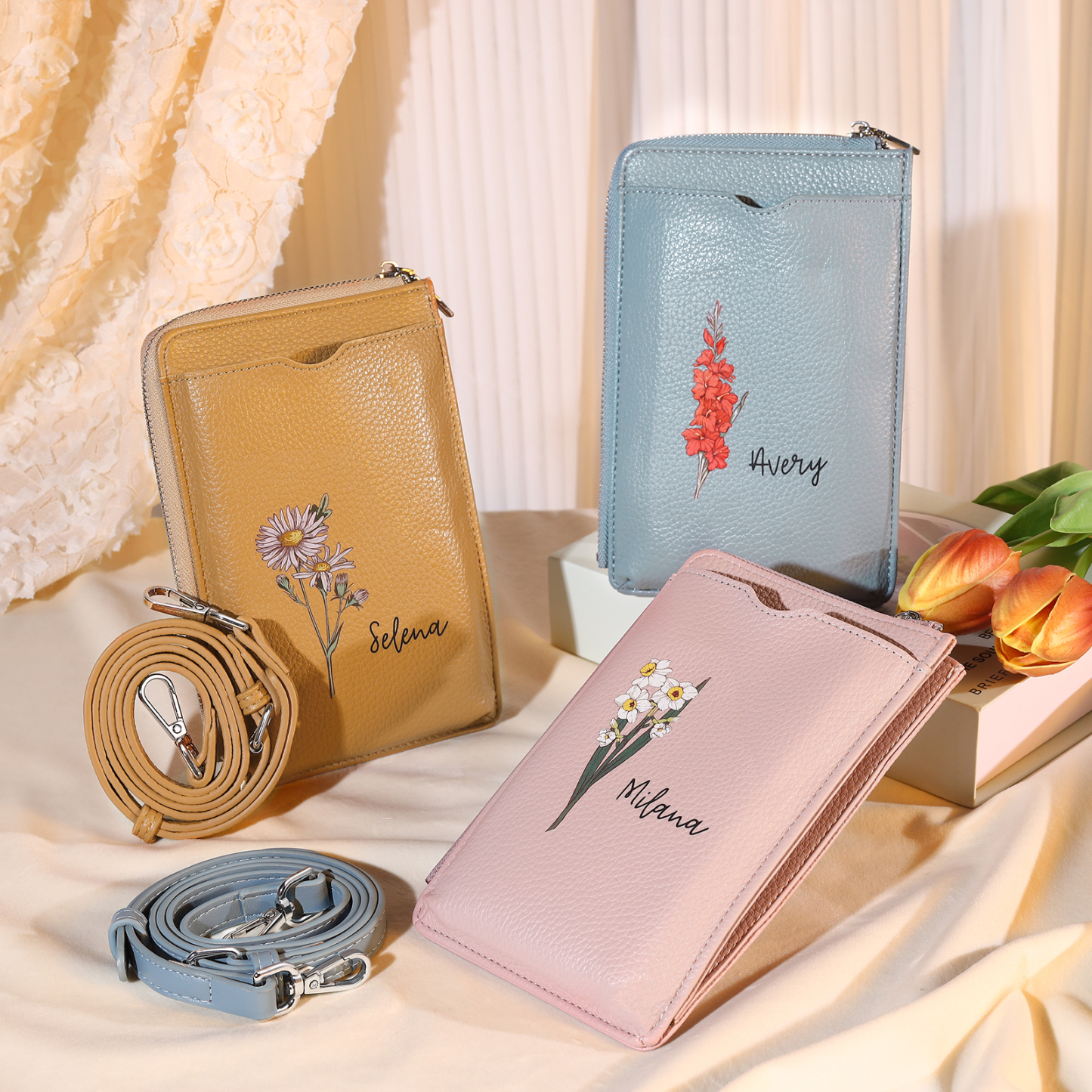 Portefeuille pour Femme Prénom Personnalisé avec Fleur de Naissance Sac Bandoulière en Cuir PU | Jessemade