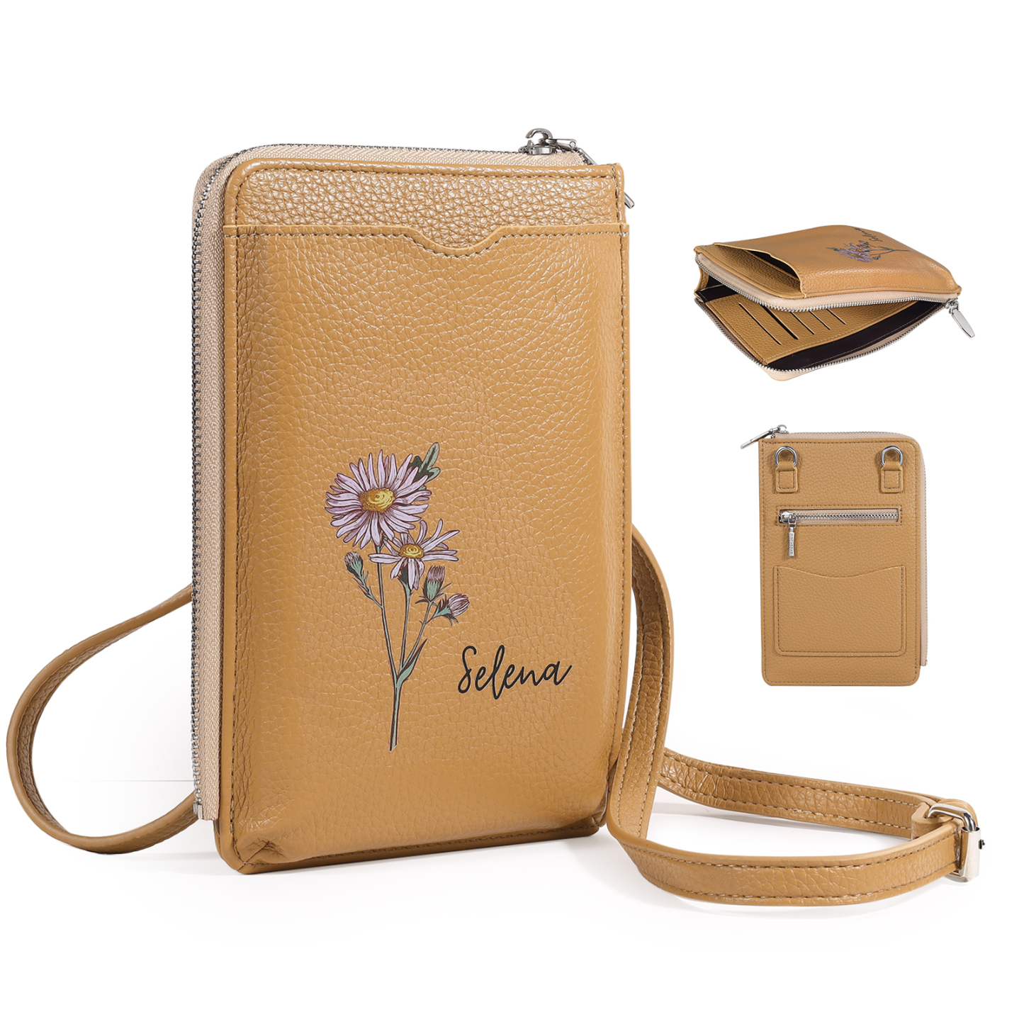 Portefeuille pour Femme Prénom Personnalisé avec Fleur de Naissance Sac Bandoulière en Cuir PU | Jessemade