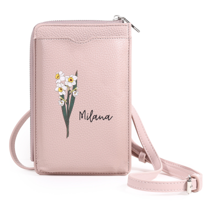 Portefeuille pour Femme Prénom Personnalisé avec Fleur de Naissance Sac Bandoulière en Cuir PU | Jessemade