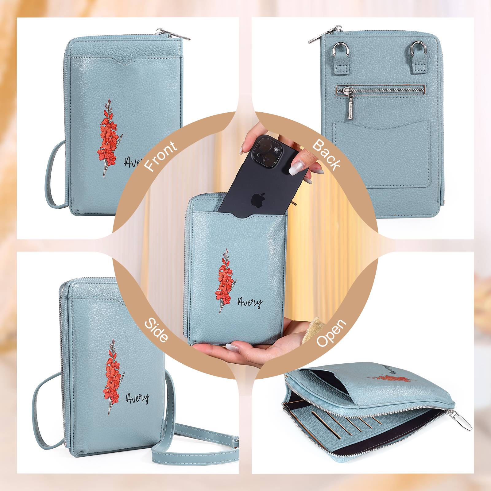 Portefeuille pour Femme Prénom Personnalisé avec Fleur de Naissance Sac Bandoulière en Cuir PU | Jessemade