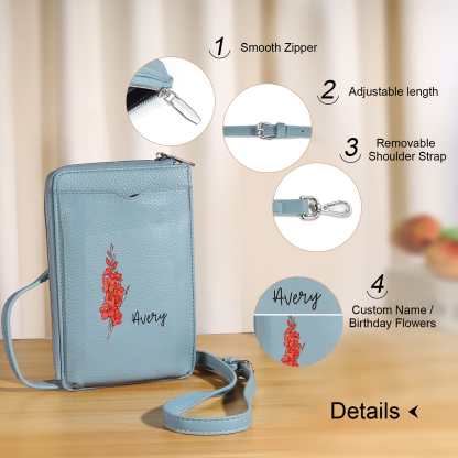 Portefeuille pour Femme Prénom Personnalisé avec Fleur de Naissance Sac Bandoulière en Cuir PU | Jessemade