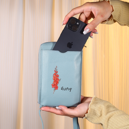 Portefeuille pour Femme Prénom Personnalisé avec Fleur de Naissance Sac Bandoulière en Cuir PU | Jessemade