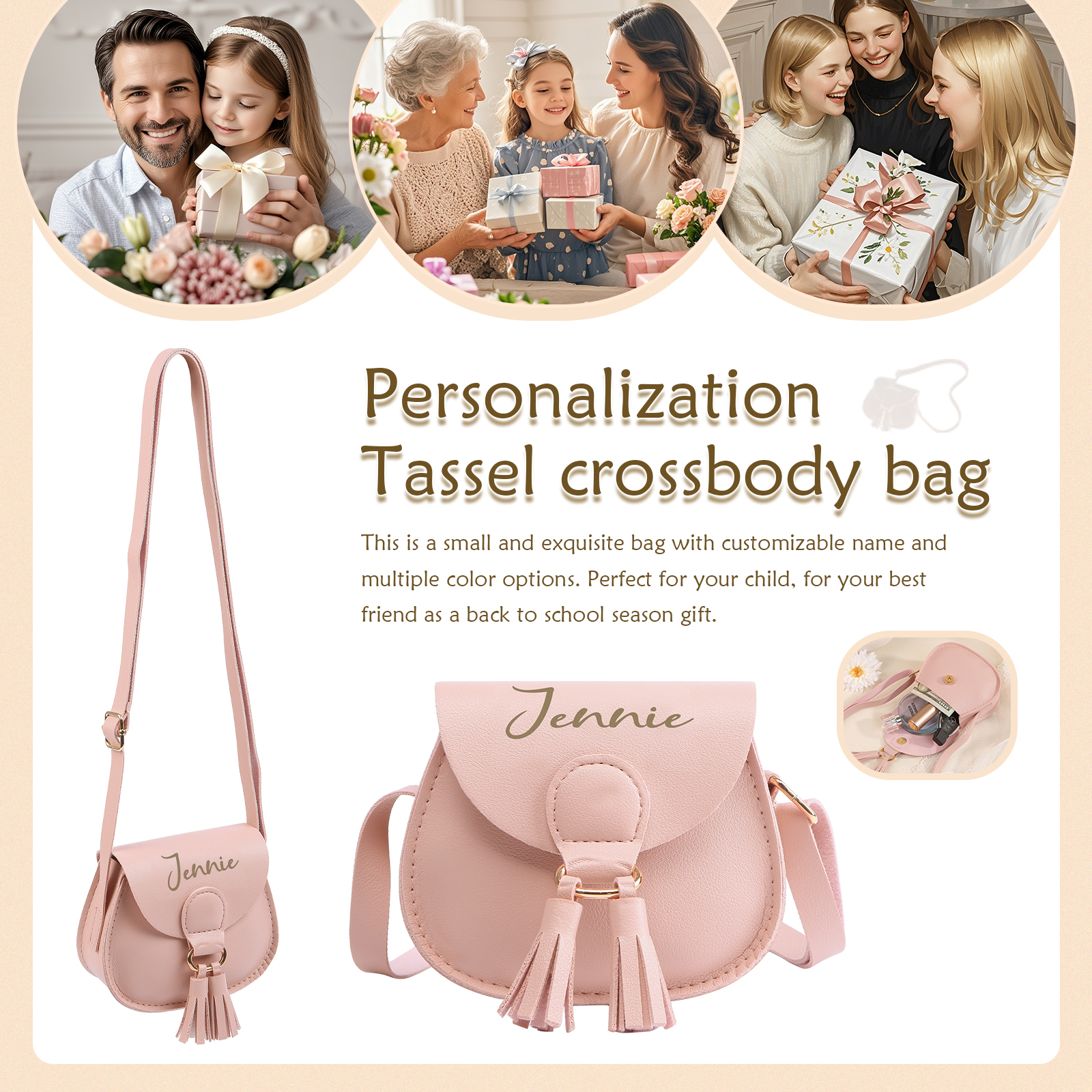 Sac Bandoulière Femmes 1 Prénom Personnalisé Sac mini pompon pour Femme | Jessemade