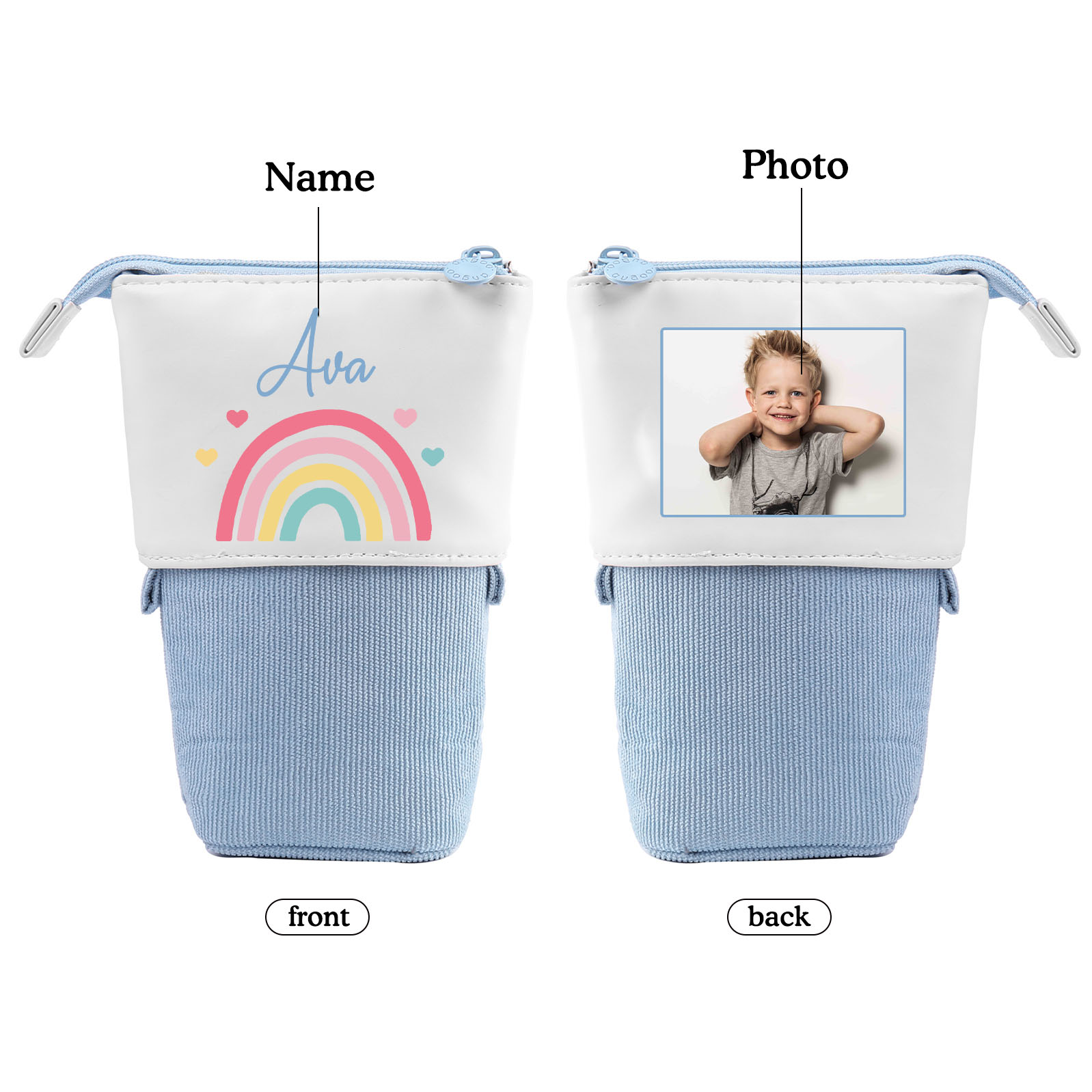 Trousse scolaire Étui à Crayons Arc-en-ciel Prénom et Photo Personnalisés Pochette à Crayons Sac à Crayons