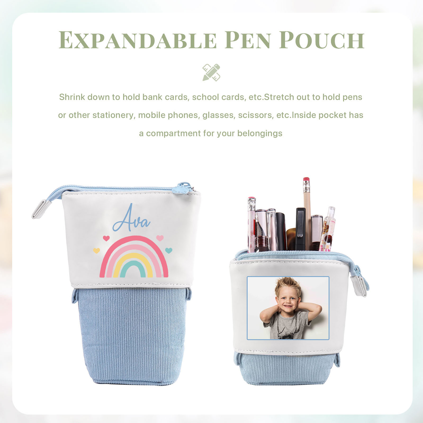 Trousse scolaire Étui à Crayons Arc-en-ciel Prénom et Photo Personnalisés Pochette à Crayons Sac à Crayons