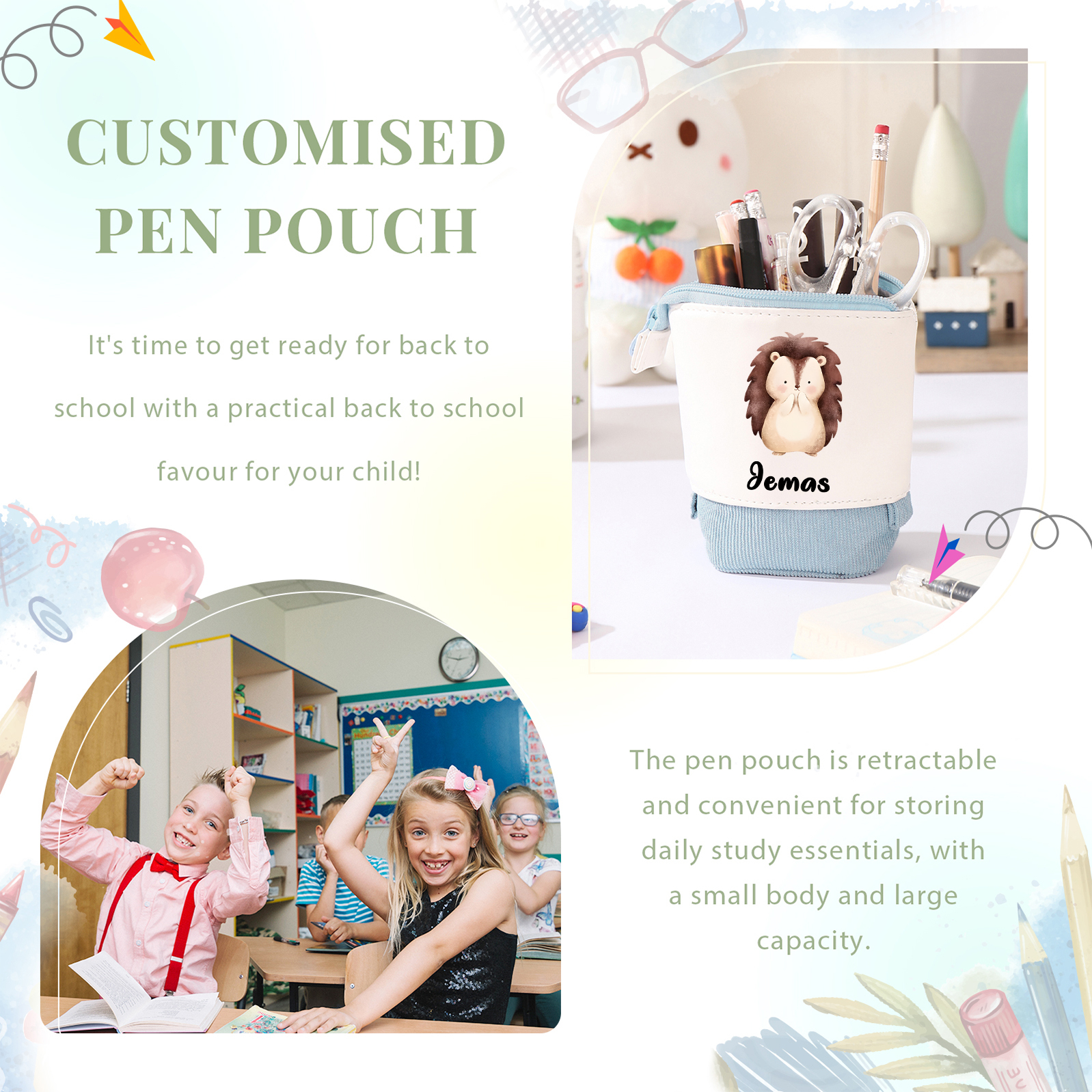 Trousse scolaire Étui à Crayons Animaux mignons Prénom Personnalisé Pochette à Crayons Sac à Crayons