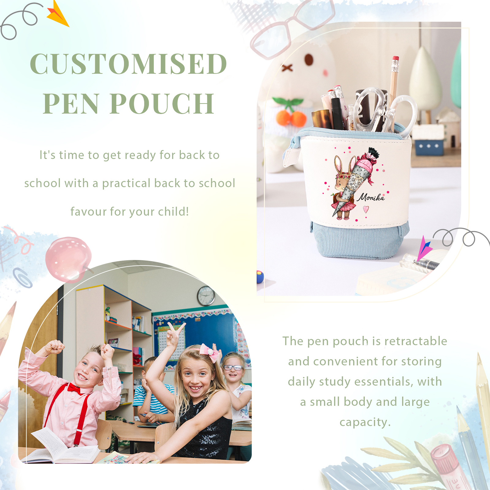 Trousse scolaire Étui à Crayons Lapin mignon Prénom Personnalisé Pochette à Crayons Sac à Crayons