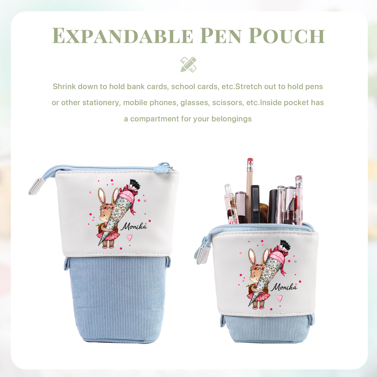 Trousse scolaire Étui à Crayons Lapin mignon Prénom Personnalisé Pochette à Crayons Sac à Crayons