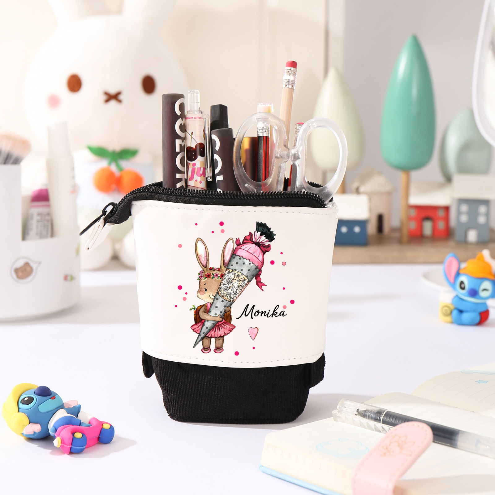 Trousse scolaire Étui à Crayons Lapin mignon Prénom Personnalisé Pochette à Crayons Sac à Crayons