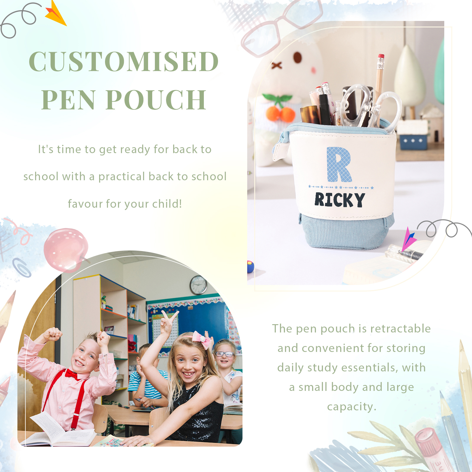 Trousse scolaire Étui à Crayons Lettre Prénom Personnalisé Pochette à Crayons Sac à Crayons