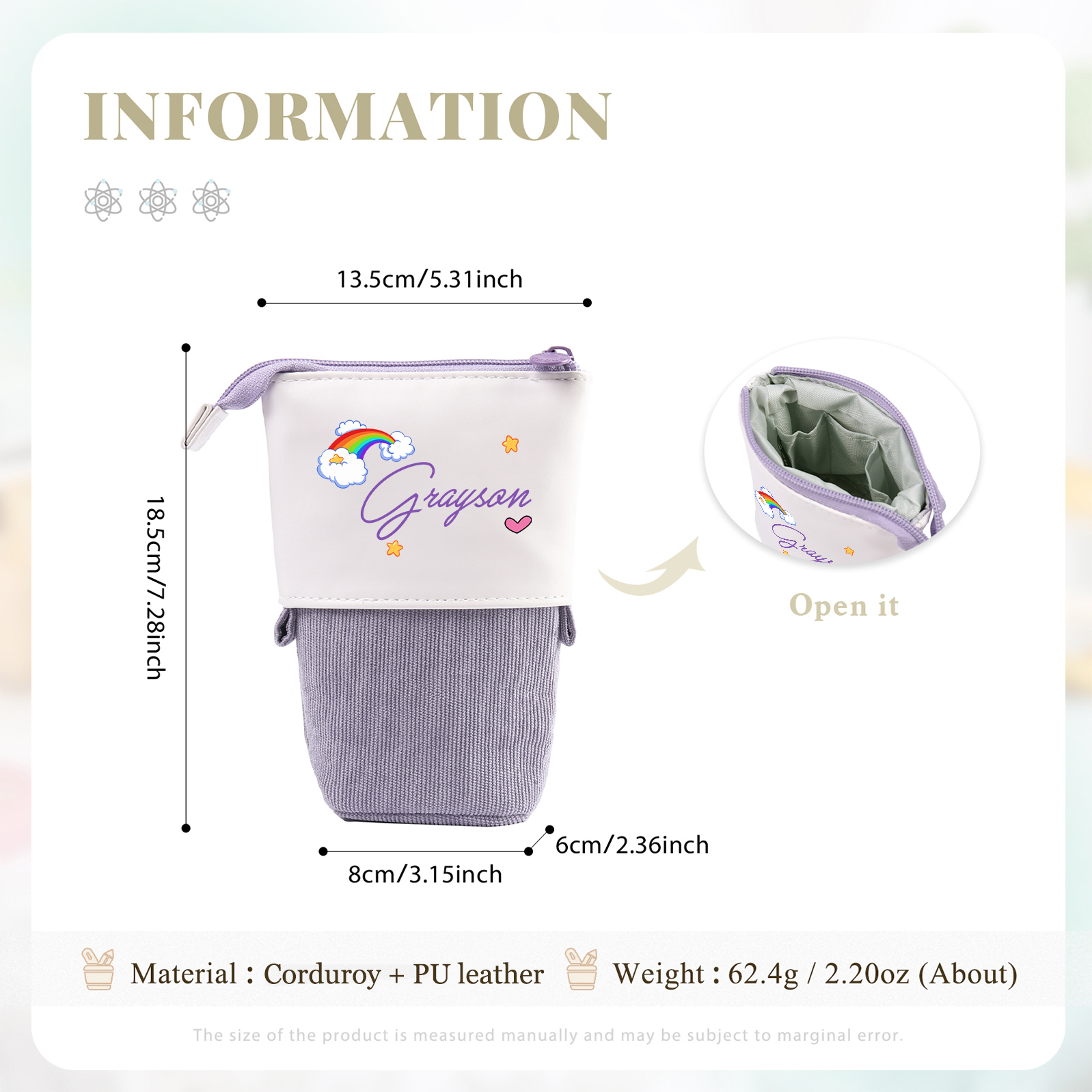 Trousse scolaire Étui à Crayons Arc-en-ciel Cartoon Prénom Personnalisé Pochette à Crayons Sac à Crayons