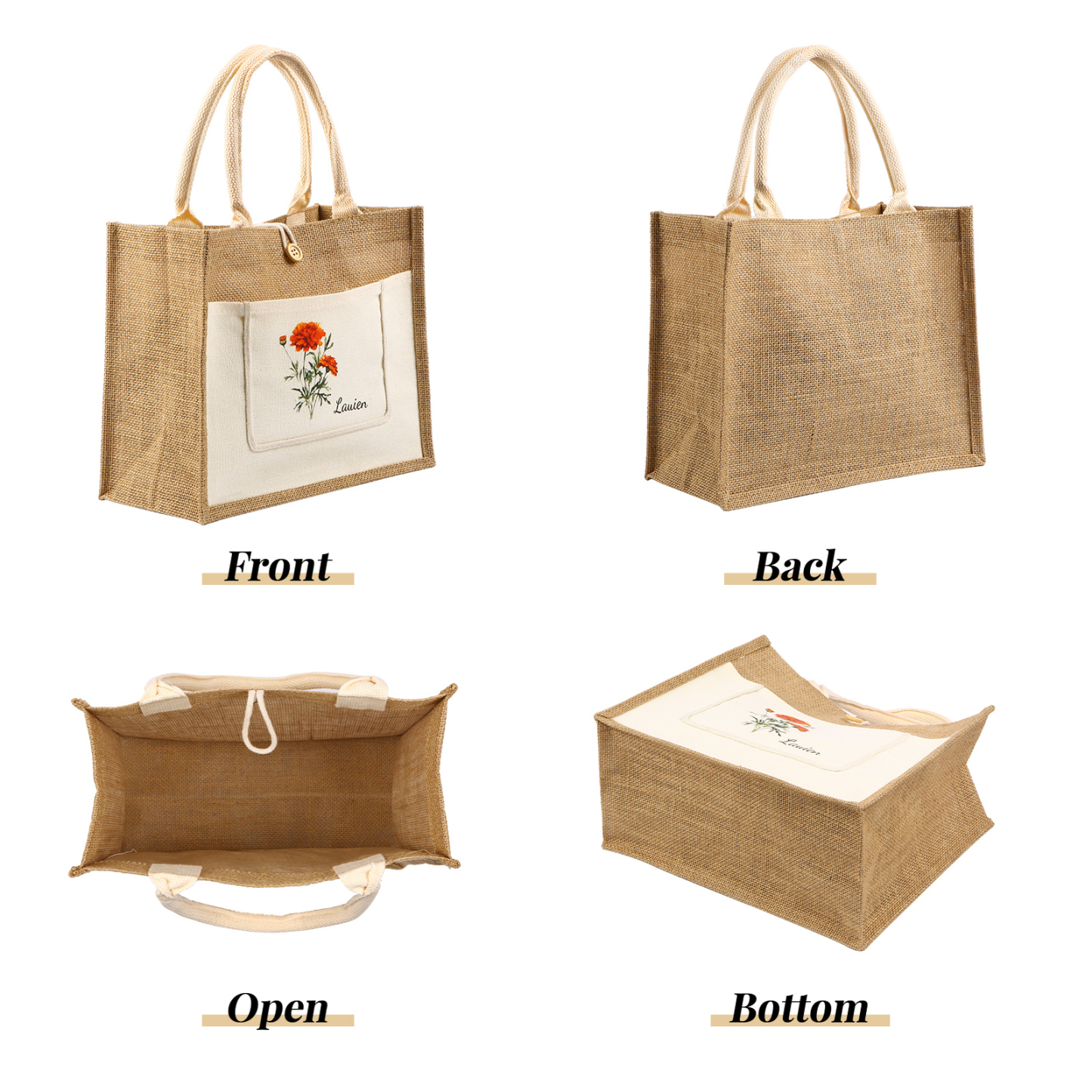 Sac Fourre-Tout en Jute Personnalisé 1 Prénom avec Fleur de naissance Blanc et Noir | Jessemade