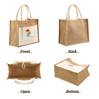 Sac Fourre-Tout en Jute Personnalisé 1 Prénom avec Fleur de naissance Blanc et Noir | Jessemade