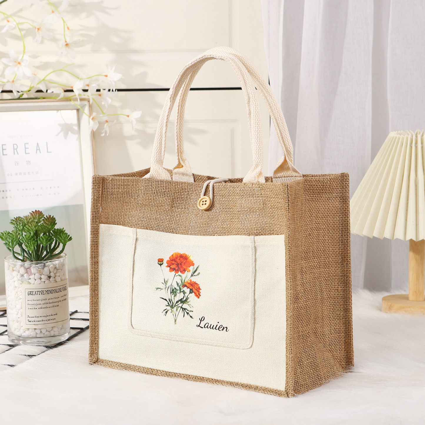 Sac Fourre-Tout en Jute Personnalisé 1 Prénom avec Fleur de naissance Blanc et Noir | Jessemade