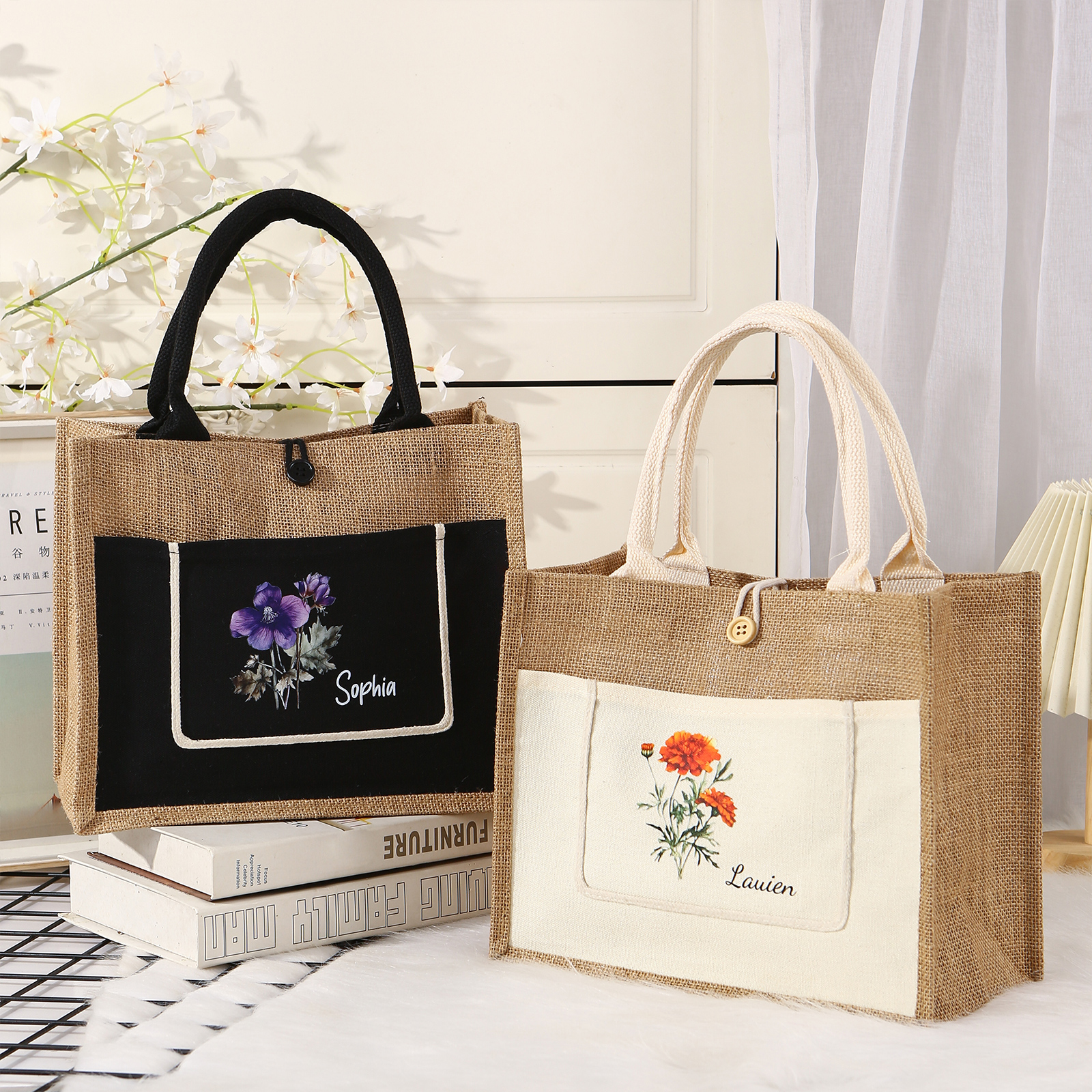 Sac Fourre-Tout en Jute Personnalisé 1 Prénom avec Fleur de naissance Blanc et Noir | Jessemade