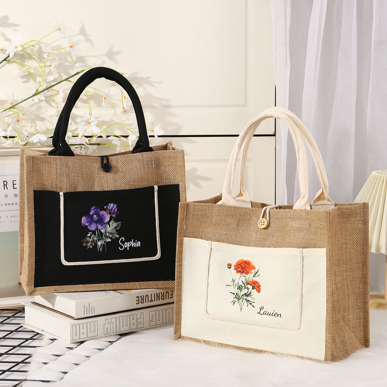 Sac Fourre-Tout en Jute Personnalisé 1 Prénom avec Fleur de naissance Blanc et Noir | Jessemade