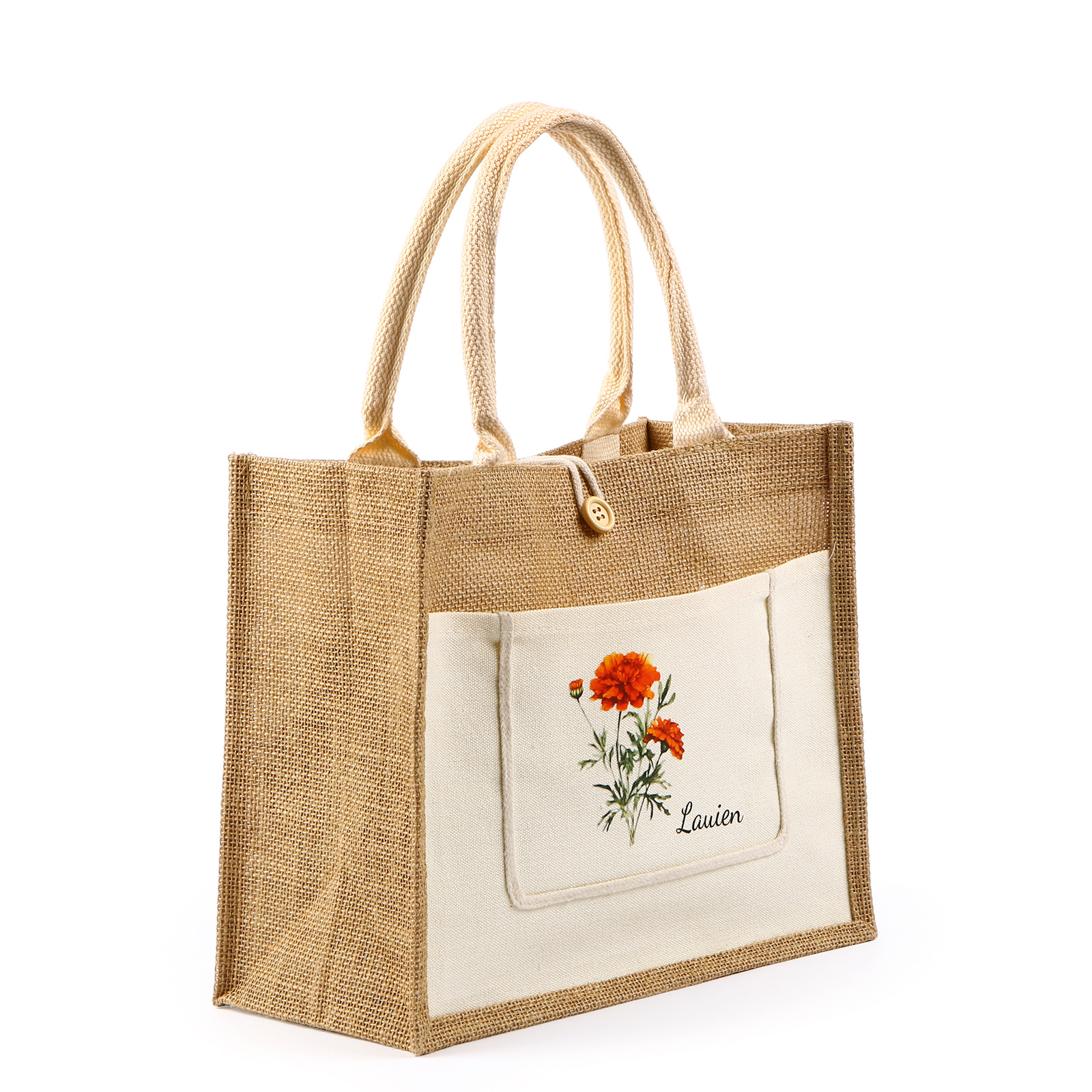Sac Fourre-Tout en Jute Personnalisé 1 Prénom avec Fleur de naissance 