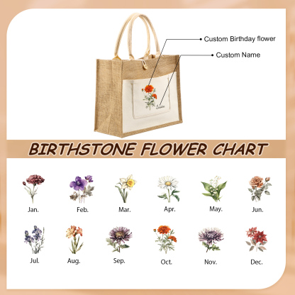 Sac Fourre-Tout en Jute Personnalisé 1 Prénom avec Fleur de naissance Blanc et Noir | Jessemade