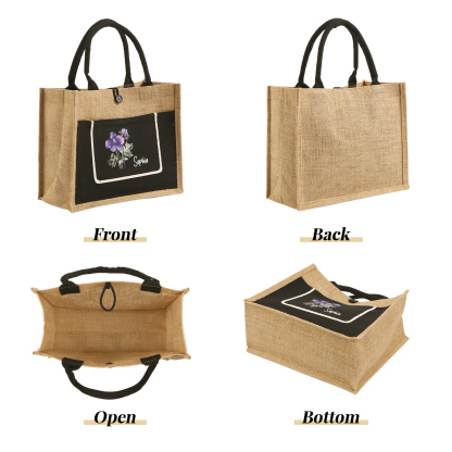 Sac Fourre-Tout en Jute Personnalisé 1 Prénom avec Fleur de naissance Blanc et Noir | Jessemade